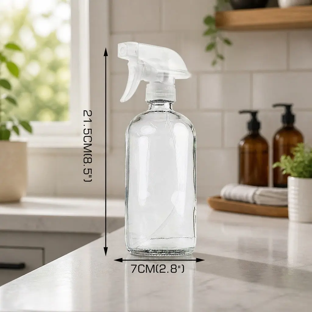 Clear Glass Spray Bottles Ergonomic Trigger 500ml Set of 4