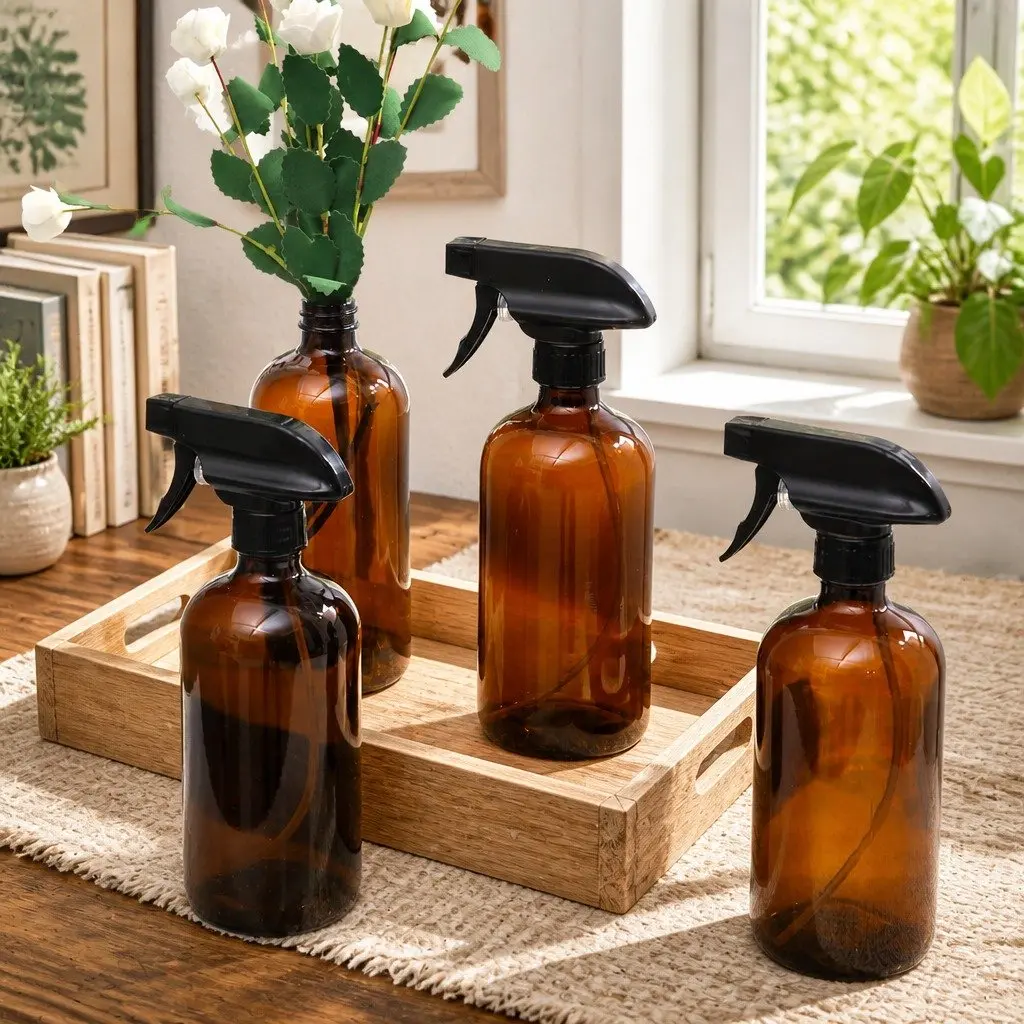 6 x 500ml Amber Glass Spray Bottles with Trigger Nozzle Fine Mist Stream