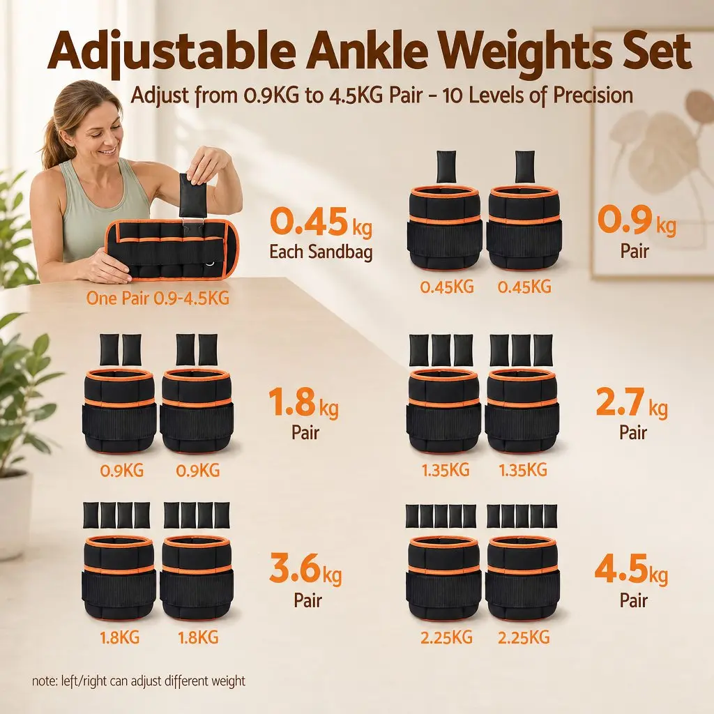 Adjustable Ankle Weights Removable Sandbags 34.5L x 14W cm Black with Orange Border
