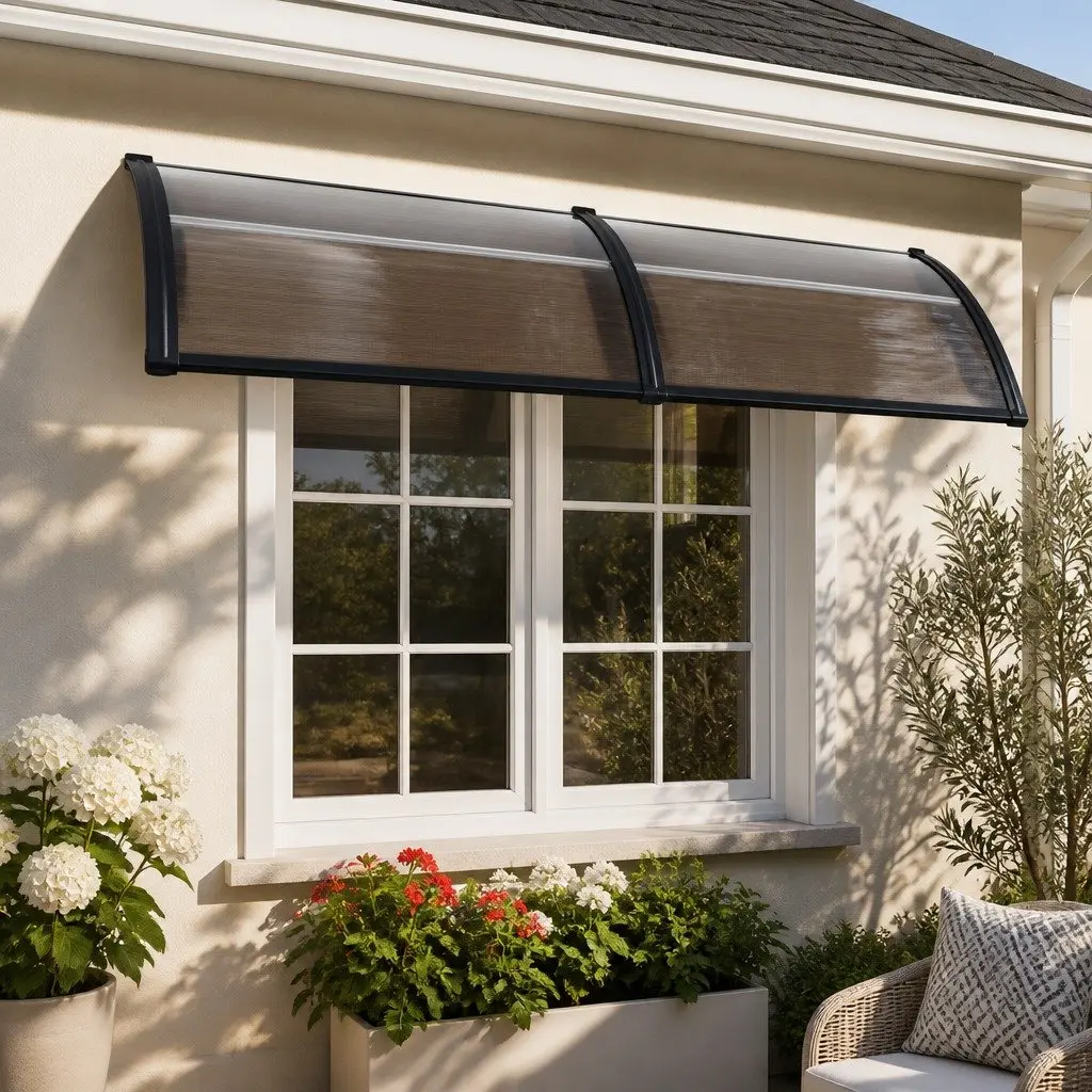 Awning Polycarbonate Panel Shade Cover 0.8m x 2m Brown with Black Brackets