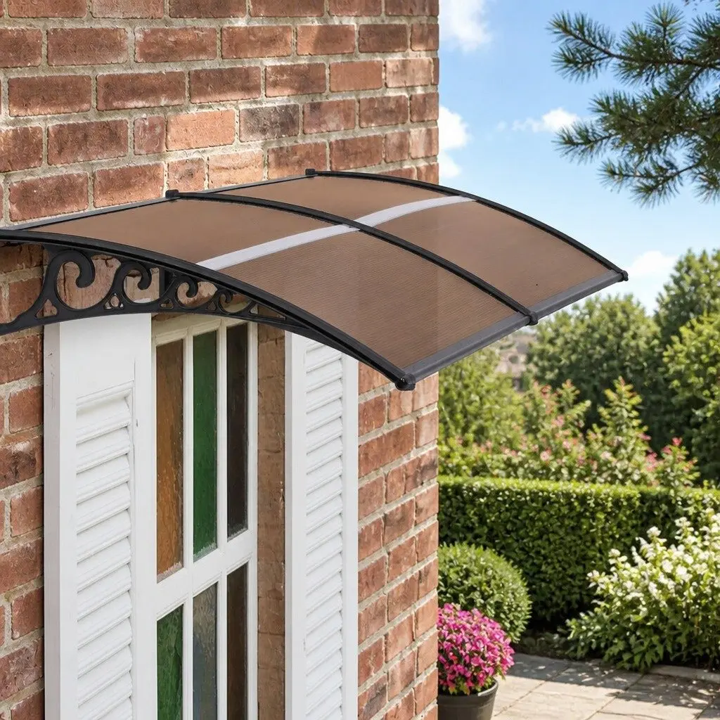 Awning Polycarbonate Panel Shade Cover 0.8m x 2m Brown with Black Brackets