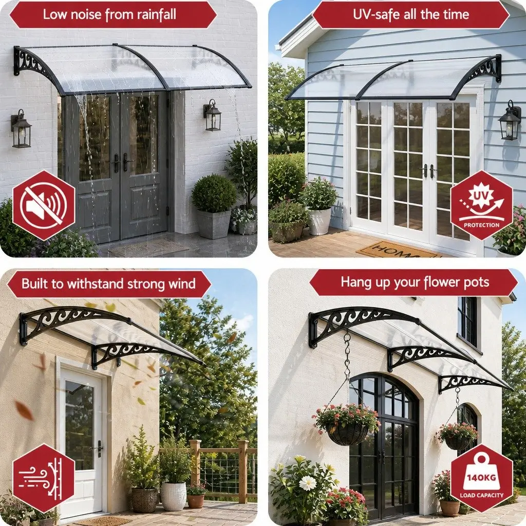 Window Door Awning 0.8M x 2M Transparent PC Panel Canopy Shelter Cover