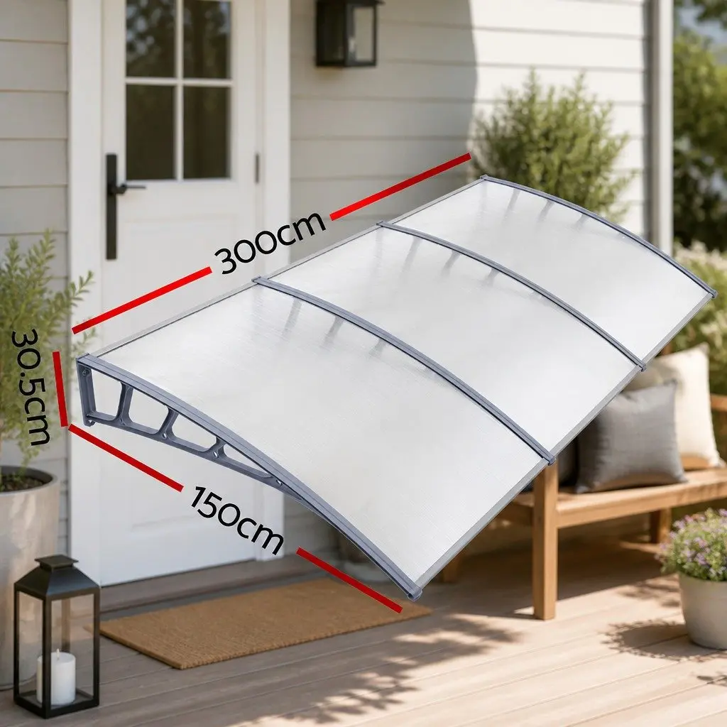 Awning Canopy 1.5m x 3m Clear Panel Grey Brackets DIY Installation