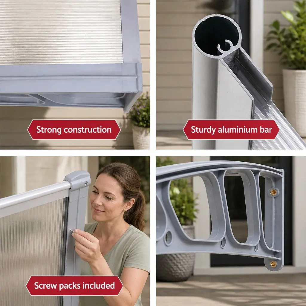 Awning Canopy 1.5m x 4m Clear Panel Grey Brackets Polycarbonate
