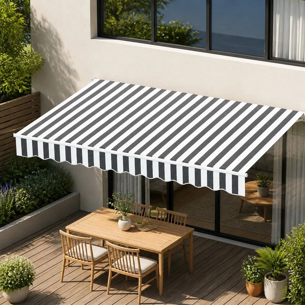 Folding Arm Awning Manual Sunshade 3m x 2.5m Grey Polyester with Powder Coated Aluminium Frame