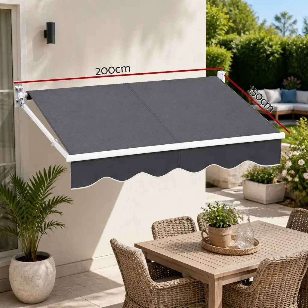 Motorised Retractable Folding Arm Awning 2m x 1.5m Grey or Green Polyester for Patio Garden Shade
