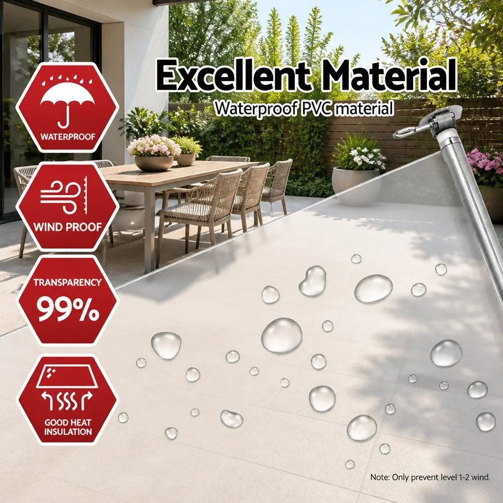 Retractable Outdoor Awning Hand Crank 1.5M W x 2.4M H Transparent Waterproof UV Resistant Aluminium Frame