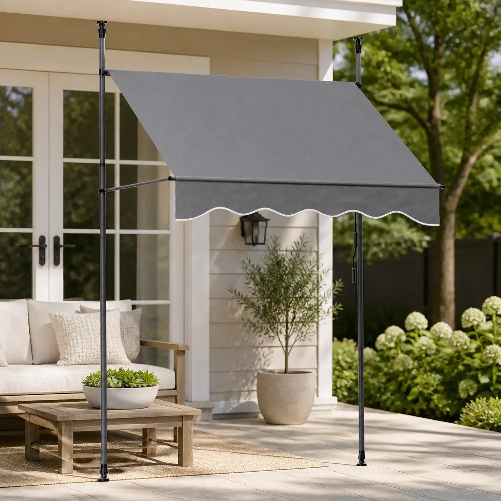 Retractable Awning Pivot Arm Shade 2X1.8M Grey Polyester Fabric Durable Steel Frame