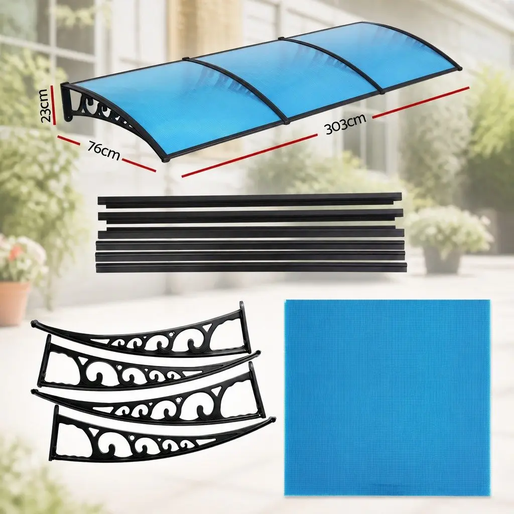 Window Door Awning DIY Installation 1m x 3m Blue PC Panel Canopy
