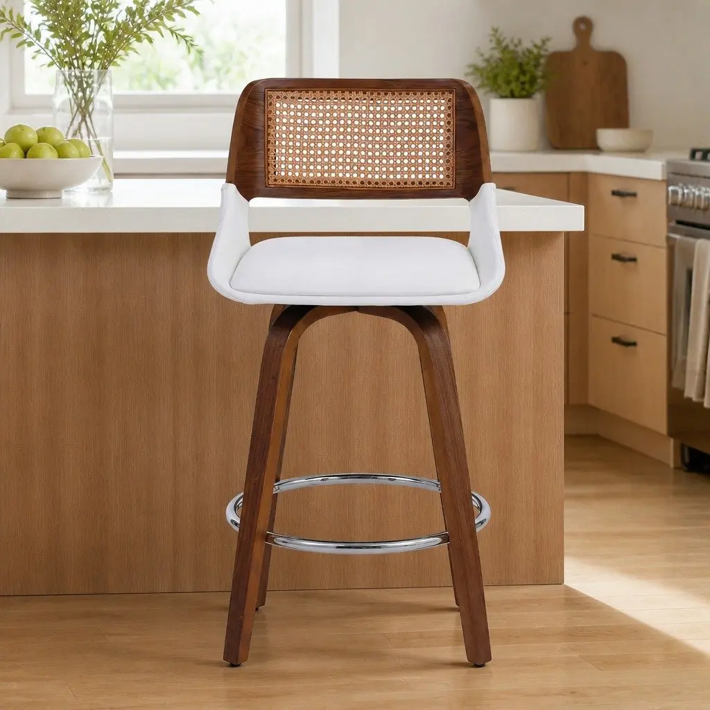 Bar Stools Swivel Ergonomic Support 60cm Seat Height White with Rattan