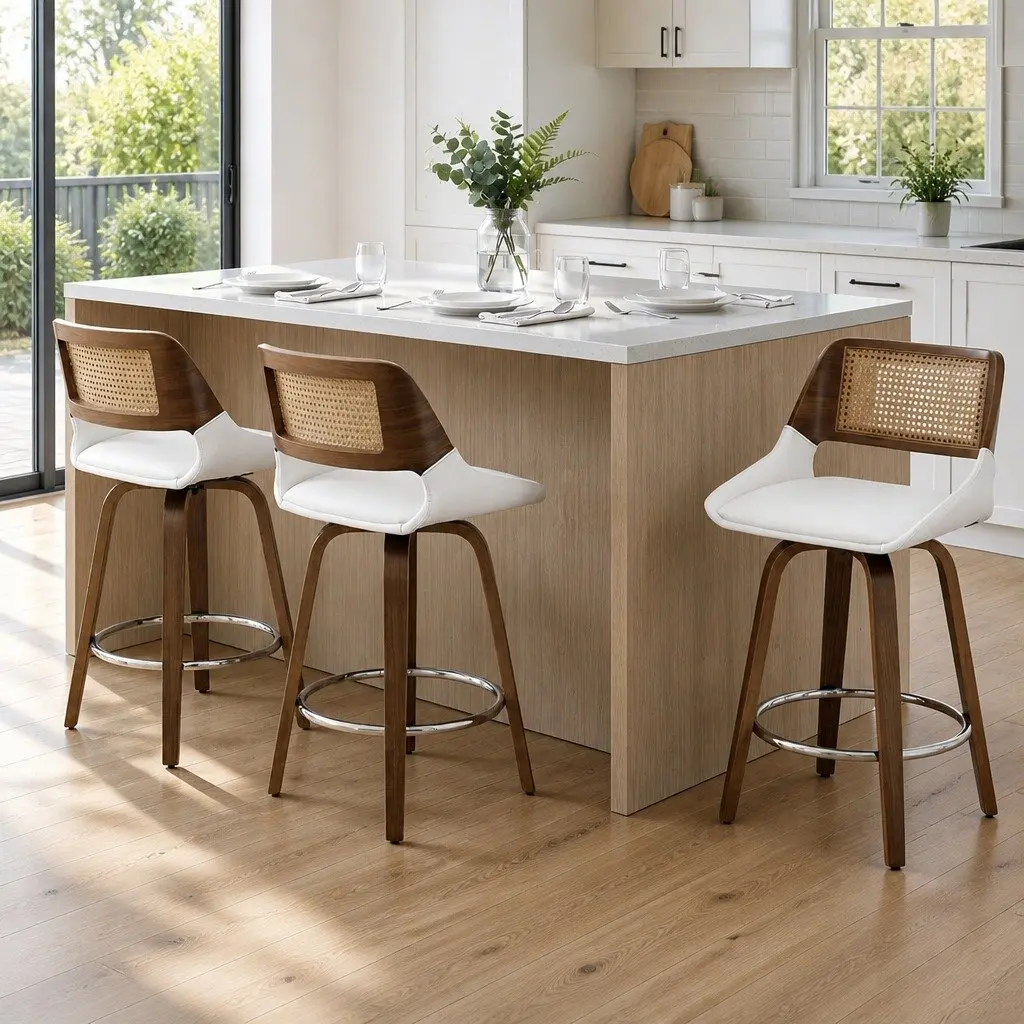 Bar Stools Set of 3 Swivel Kitchen Counter Chair 60cm Seat Height Walnut White