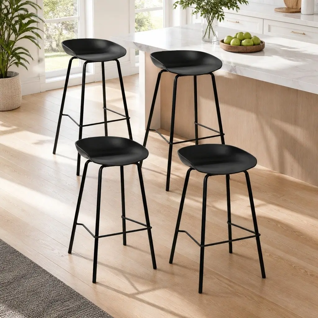 Bar Stools Set of 4 Kitchen Counter Height PP Plastic Seat Metal Frame Black