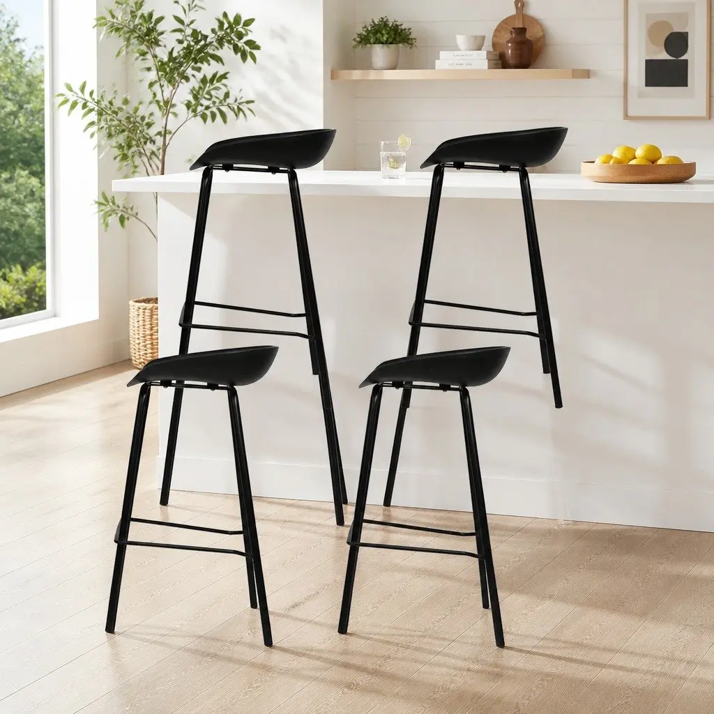 Bar Stools Set of 4 Kitchen Counter Height PP Plastic Seat Metal Frame Black