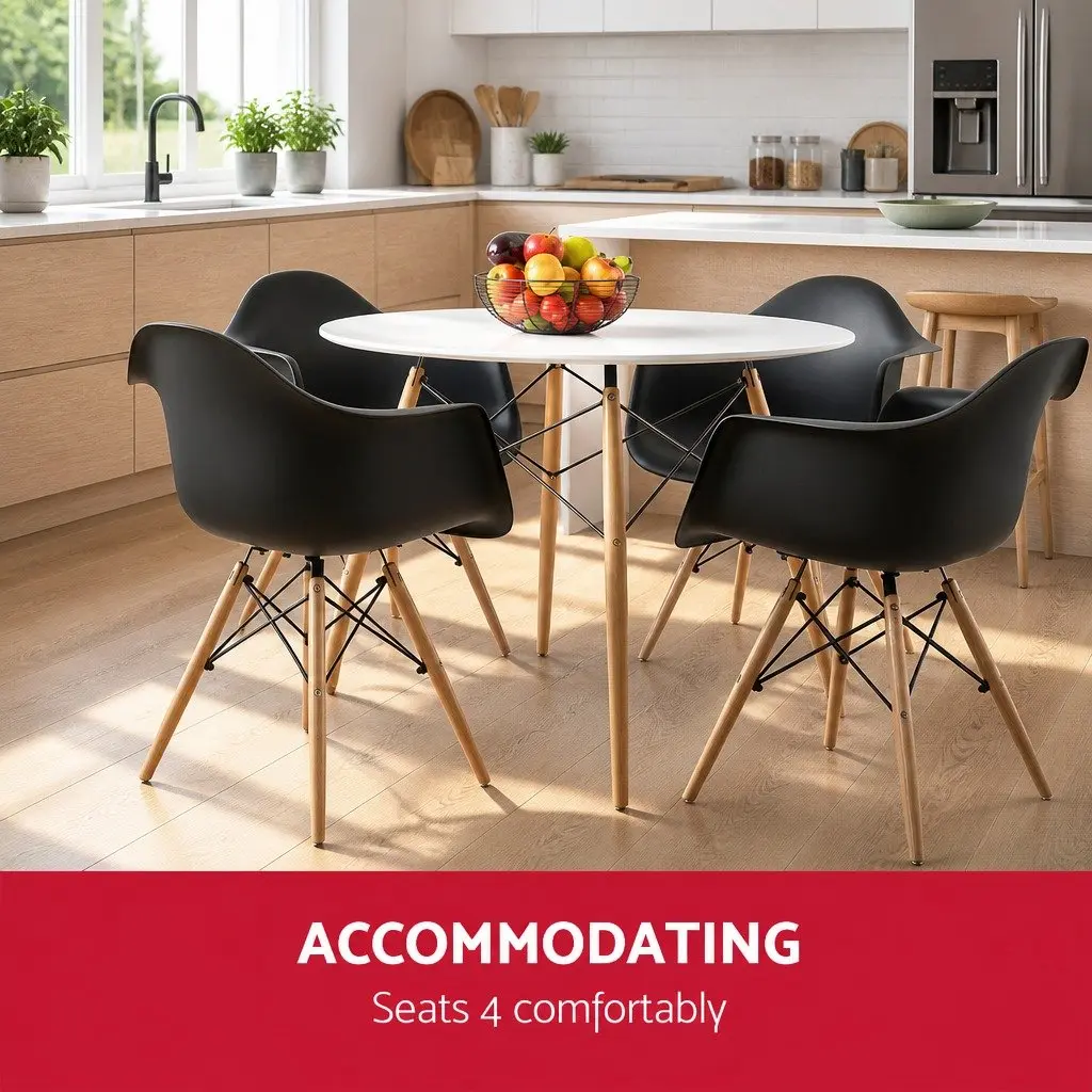 Round Dining Table 100cm White 4 Seater MDF Beech Wood Legs Modern Design