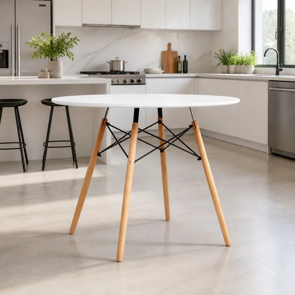Round Dining Table 90cm Reinforced MDF Top Solid Beech Wood Legs White Modern Kitchen Furniture
