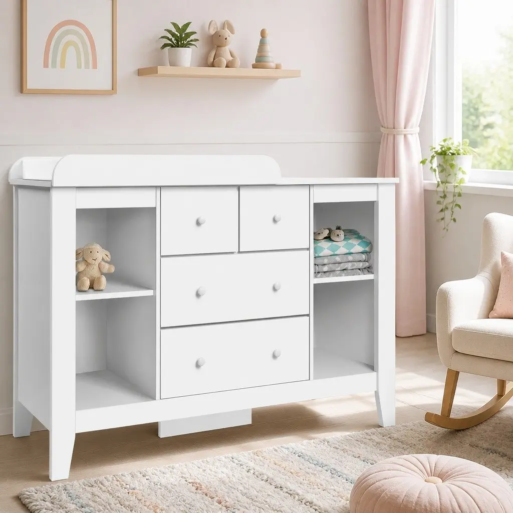 Changing Table Baby Diaper Station Storage Chest with Drawers and Shelves White