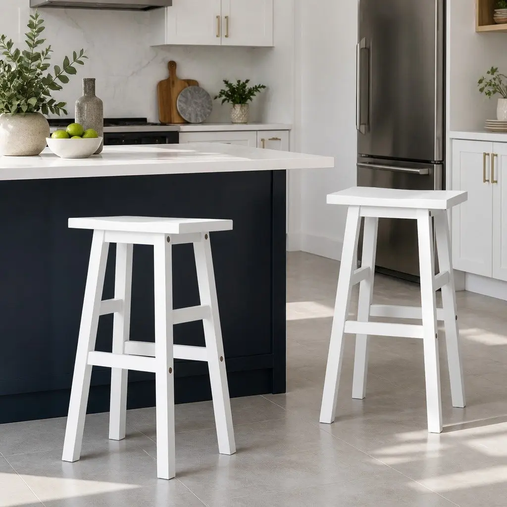 Bar Stools Kitchen Counter Chairs White Wooden Set of 2 Footrest