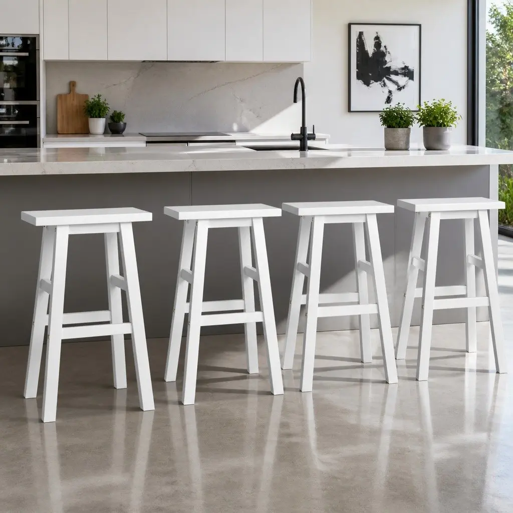 Bar Stools Set of 4 White Wooden Kitchen Chairs Saddle Seat Counter Height