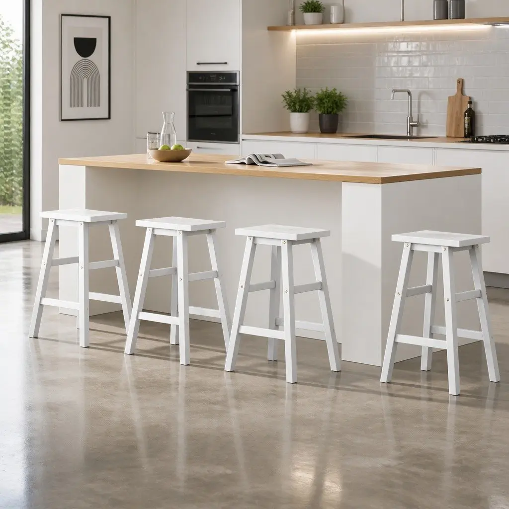 Bar Stools Set of 4 White Wooden Kitchen Chairs Saddle Seat Counter Height