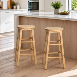 Bar Stools Set of 2 Round Wooden Chairs Natural Light Wood Tone Kitchen Dining