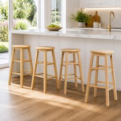 Bar Stools Set of 4 Round Seat Natural Wooden Kitchen Counter Height Chairs