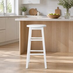 Bar Stools Round Wooden White Chairs Set of 2 Anti-Slip Footrest Home
