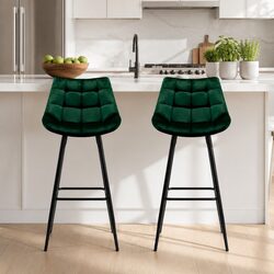 Bar Stools Green Velvet Chairs Set of 2 Metal Frame Footrest Backrest