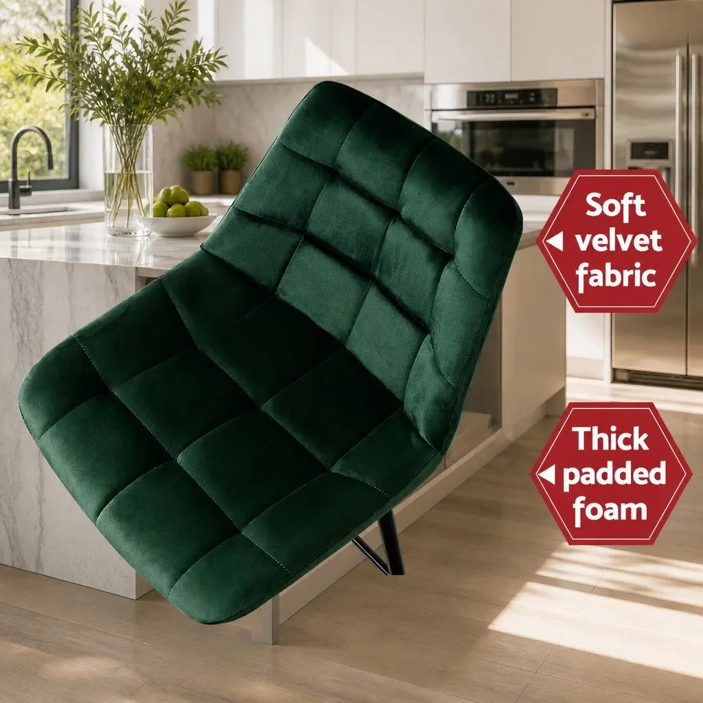 Bar Stools Green Velvet Upholstered Set of 2 Metal Frame Footrest Backrest