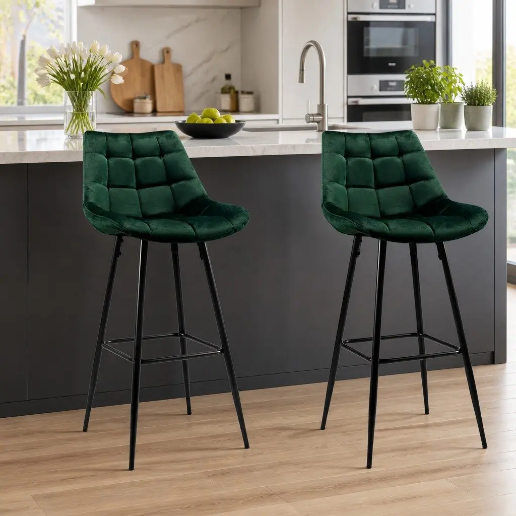 Bar Stools Green Velvet Upholstered Set of 2 Metal Frame Footrest Backrest