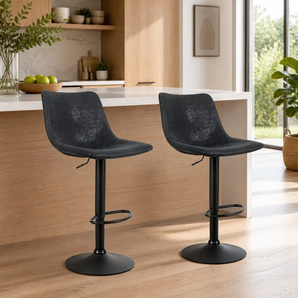 Bar Stools Vintage Leather Swivel Adjustable Height Black 2 Pack Padded Seat