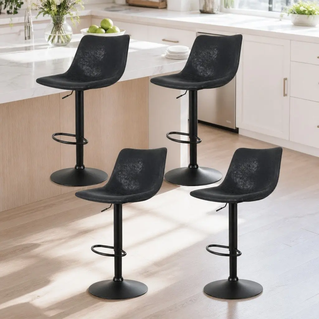 Bar Stools Vintage Swivel Adjustable Height Faux Leather Black Circular Backrest Footrest