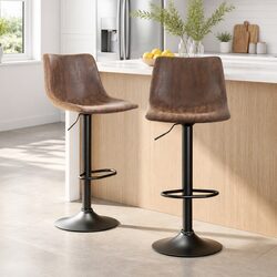 Bar Stools 2x Vintage Swivel Gas Lift Brown Faux Leather Padded Seat High Back