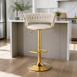 Bar Stools Gas Lift Velvet Woven Backrest Beige Swivel Seat Height Adjustable