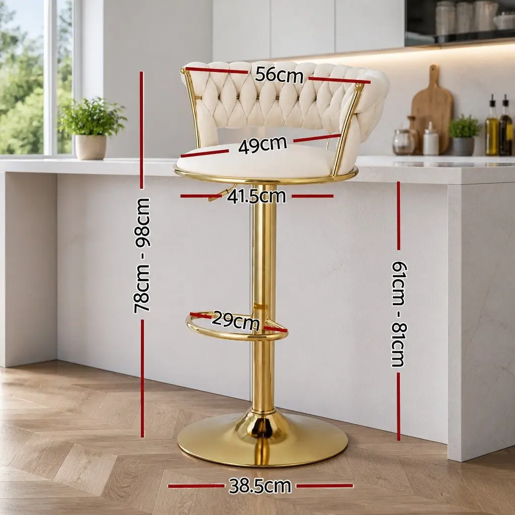 Bar Stools Gas Lift Velvet Woven Backrest Beige Swivel Seat Height Adjustable