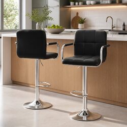Bar Stools with Armrest Gas Lift 360 Swivel Leather Black Set of 2