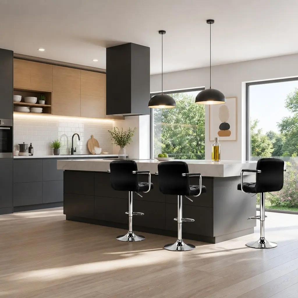 Bar Stools with Armrest Adjustable Height 360 Swivel PU Leather Black Set of 2