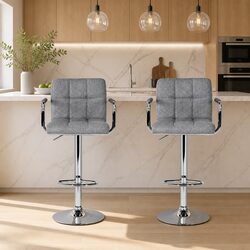 Bar Stools Fabric Gas Lift Armrest Set of 2 Grey Swivel Kitchen Counter Height