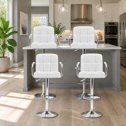 Bar Stools Set of 4 Gas Lift Swivel Armrest White Padded Seat Kitchen Dining