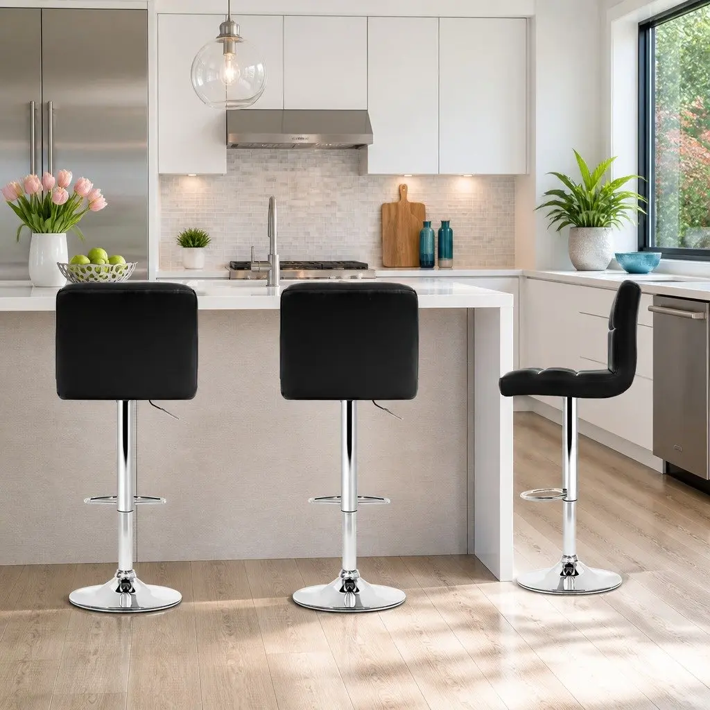 Bar Stools Set of 4 Black Swivel Adjustable Height PU Leather Kitchen Dining Chair