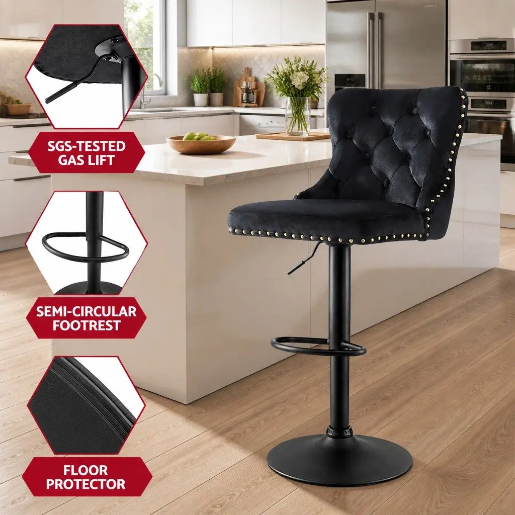 Bar Stools Adjustable Height Velvet Upholstered Set of 4 Black