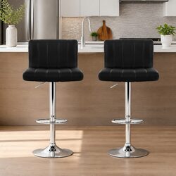 Bar Stools Gas Lift Chairs Set of 2 Black Faux Leather Swivel Seat High Backrest