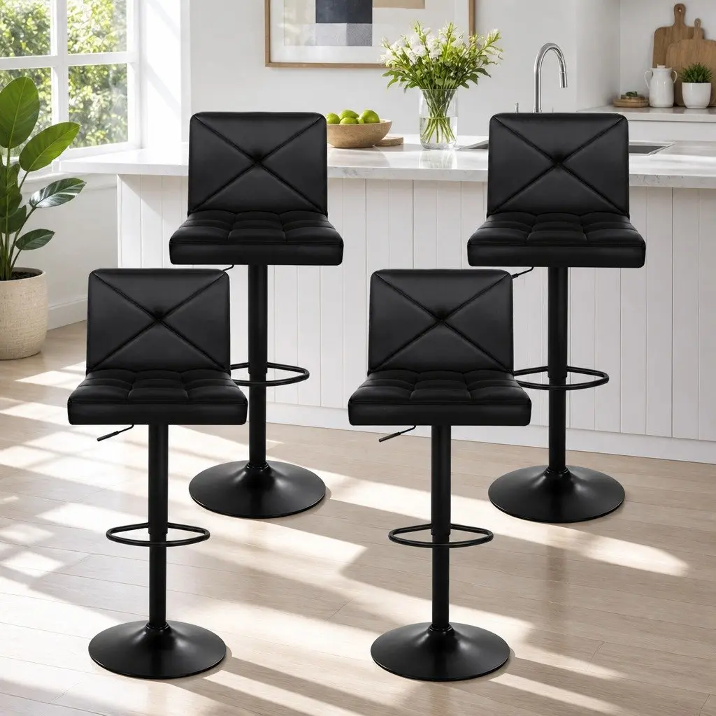 Bar Stools Set of 4 Gas Lift Swivel Chair Height Adjustable Black Padded Seat