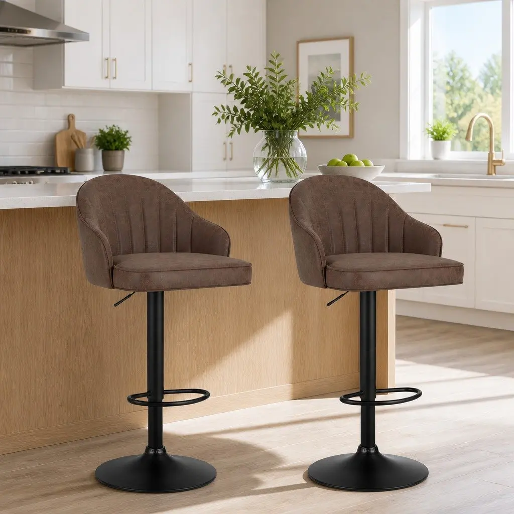 Bar Stools Set of 2 Swivel Gas Lift Counter Chairs Adjustable Height Brown