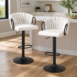 Bar Stools x2 Adjustable Kitchen Counter Dining Chairs Velvet Woven Gaslift