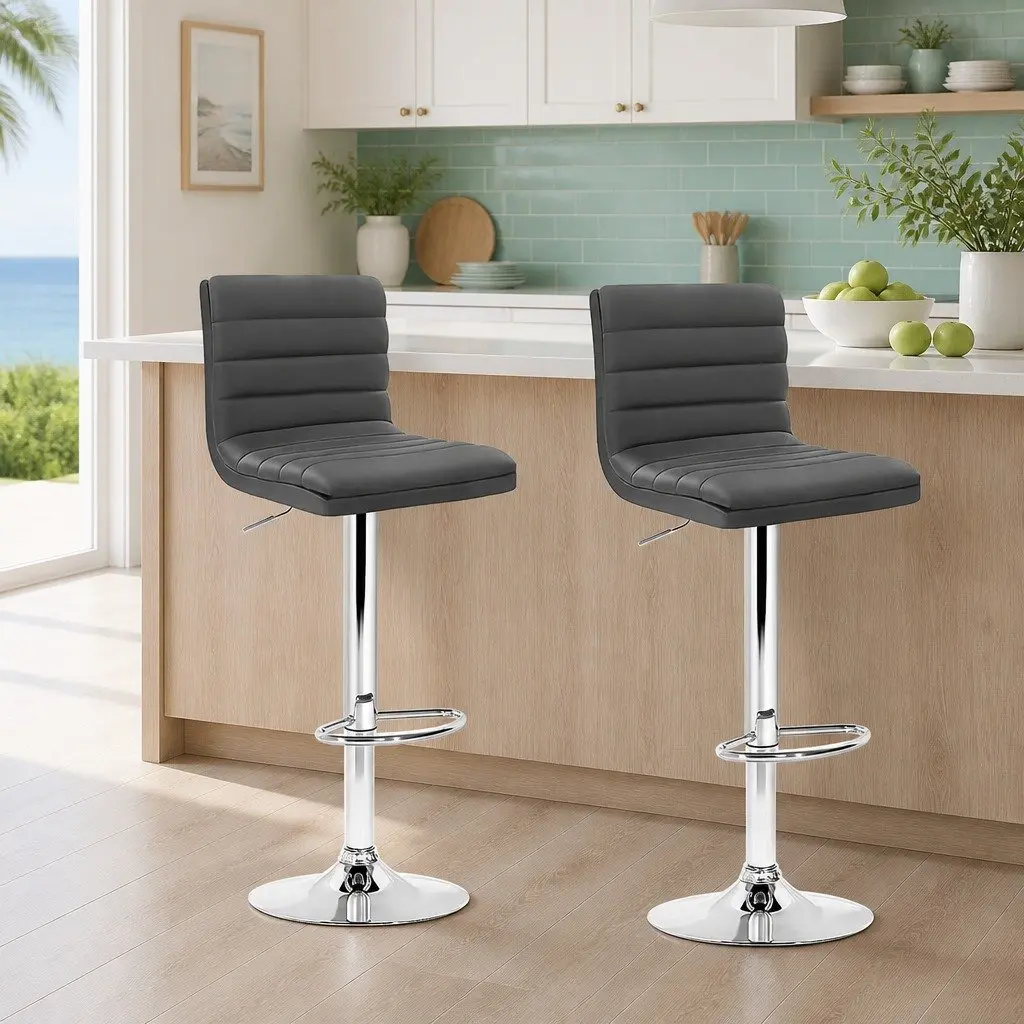 Bar Stools Padded Faux Leather Gas Lift Grey Swivel 2 Piece