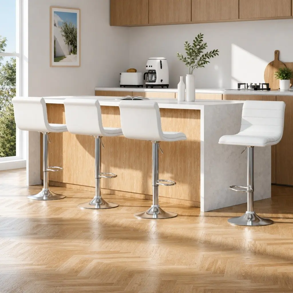 Bar Stools Padded Seat Adjustable Height Swivel Kitchen Dining Chair White