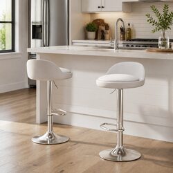 Bar Stools White PU Leather Gas Lift Swivel Adjustable Height Kitchen Counter