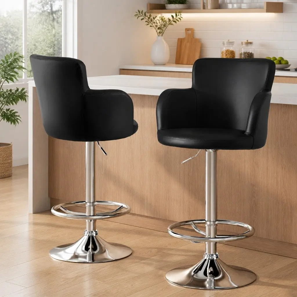 Bar Stools PU Leather Swivel Adjustable Gas Lift 2 Piece Black
