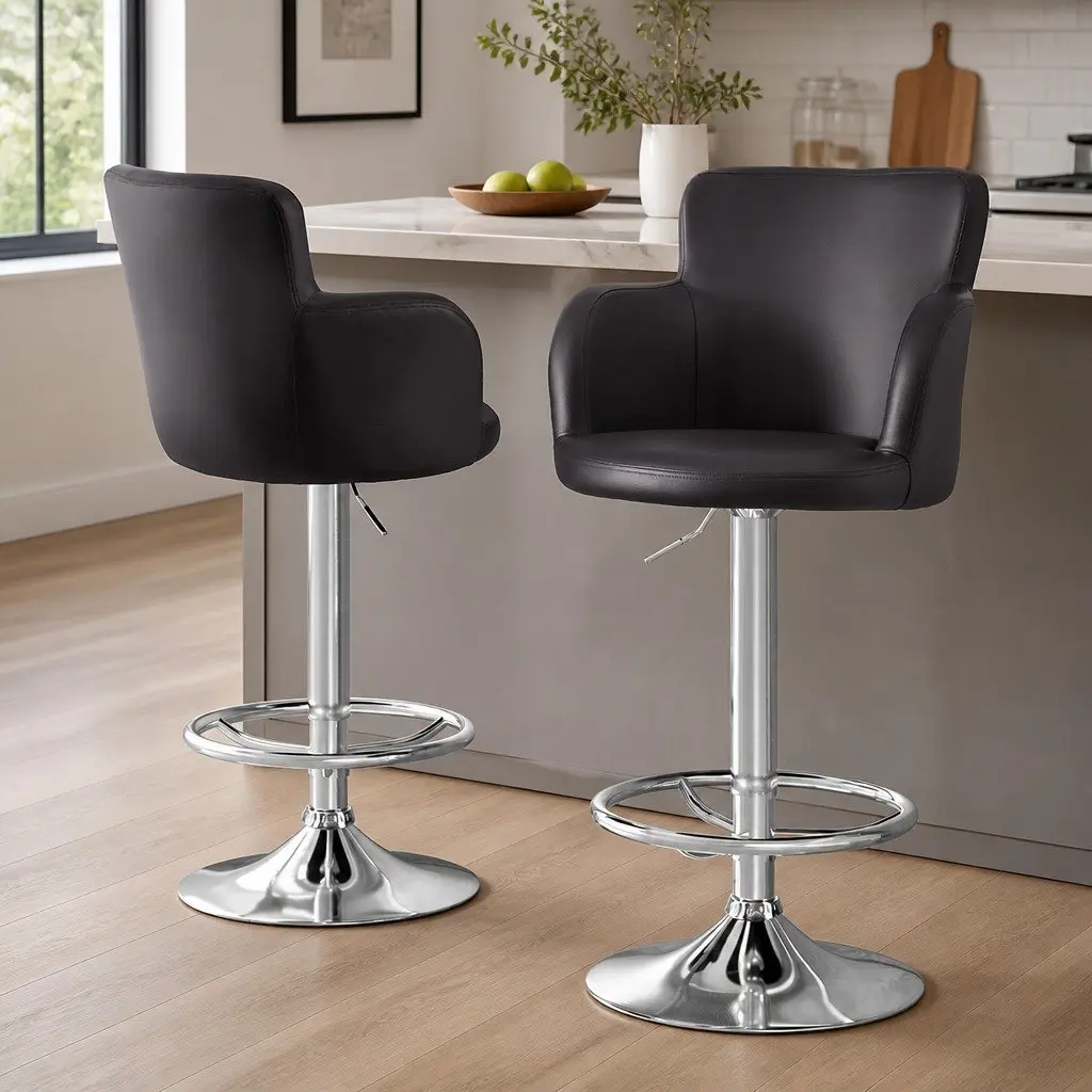 2x Bar Stools Swivel Counter Height Adjustable Gas Lift PU Leather Seating Brown