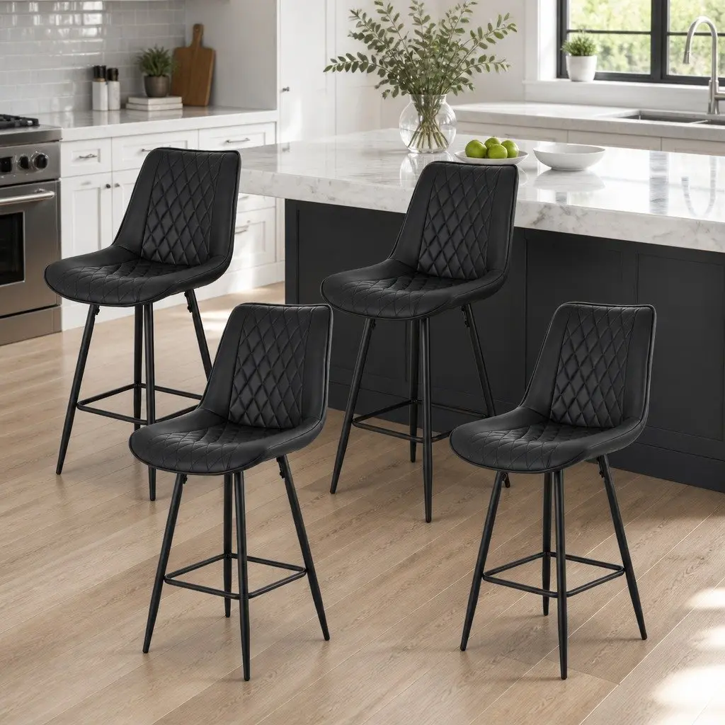 Bar Stools Set of 4 Kitchen Dining Chair Counter Height Diamond Black PU Leather